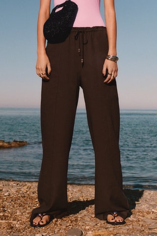 Pantalon lin taille élastique - Marron