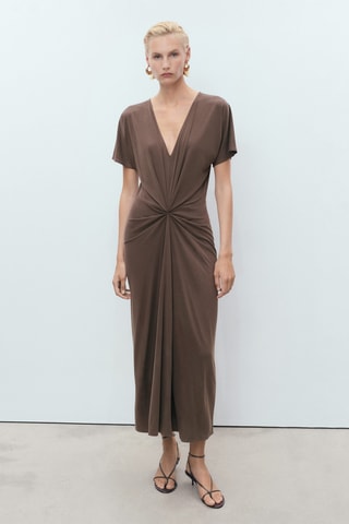 Robe col V froncé - Marron