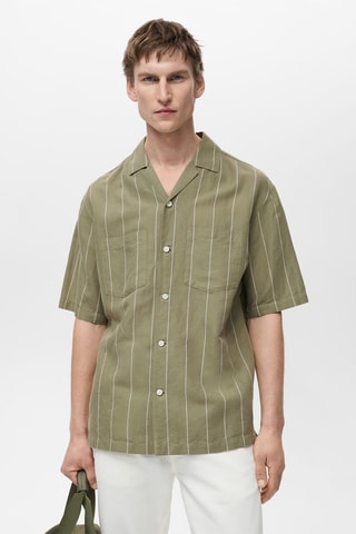 Chemise lin col bowling à rayures tennis - Vert