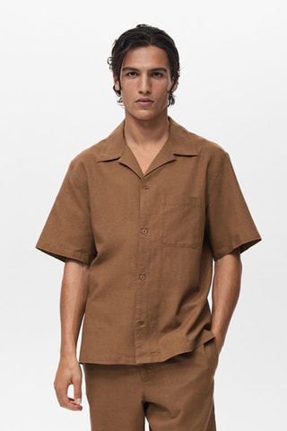 Chemise lin col bowling poche - Marron