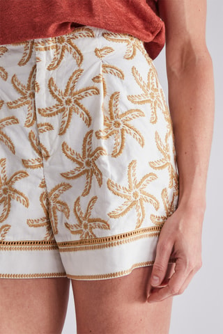 Short en lin taille haute - Ecru et marron
