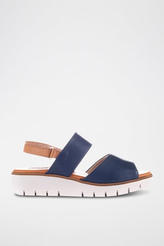 Leren Sandalen met Sleehak Velvet - Marineblauw en Camel