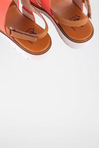 Leren Sandalen met Sleehak Velvet - Koraalrood en Camel