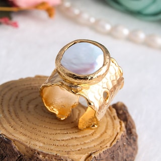 Anello regolabile - Ottone placcato oro e perla
