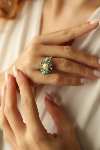Anello - Perla coltivata e turchesi