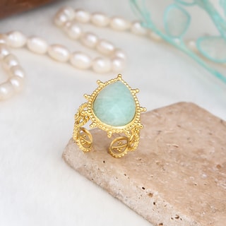 Anello regolabile - Ottone placcato oro e amazzonite
