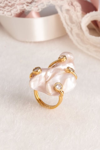 Anello - Bronzo laminato oro fino giallo, perla coltivata e zirconi 