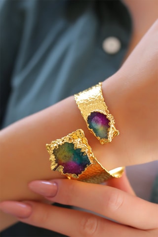 Bracciale bangle - Bronzo laminato oro fino giallo e quarzo