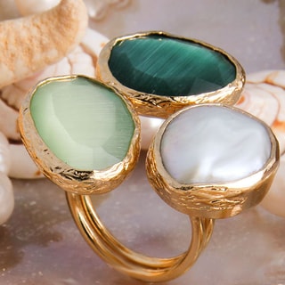 Anello - Ottone placcato oro, perla e occhio di gatto
