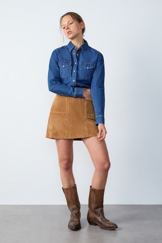 Jupe droite en cuir taille haute - Camel