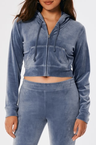 Sweat court en velours à capuche - Bleu clair