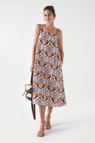 Robe midi regular en lin - Blanc et marron