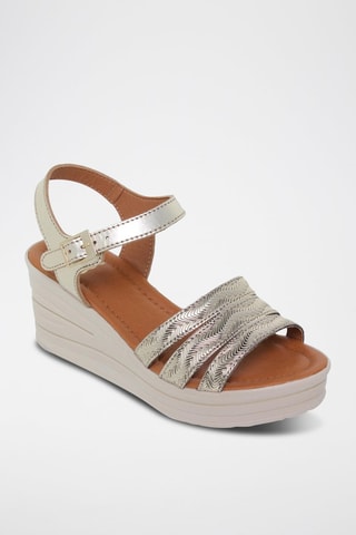 Leren Sandalen met Sleehak Blusandal - Beige en zilverkleurig