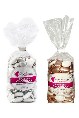 	Dragée chocolat 70% cacao blanc et cuivre - 70% cacao, blanc et cuivre, chocolat noir, 155 bonbons et Dragée chocolat 70% cacao blanc et argenté - 155 bonbons