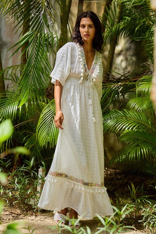 Mouwloze Strandjurk met Engelse borduursels - Wit