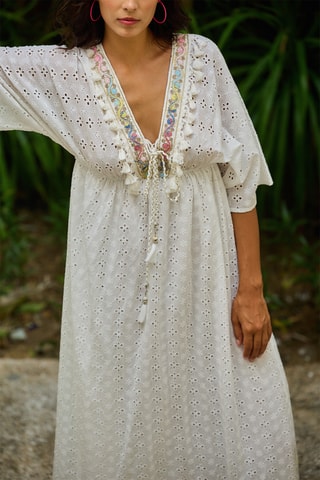 Mouwloze Strandjurk met Engelse borduursels - Wit
