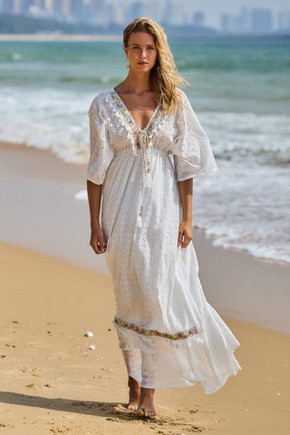 Mouwloze Strandjurk met Engelse borduursels - Wit