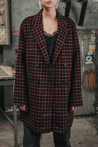 Manteau à carreaux en laine - Noir, rouge et marron