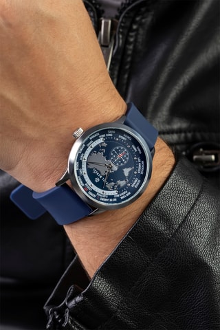 Silicone Quartz Horloge - GMT-functie - Kompas - Marineblauw en Zilverkleurig