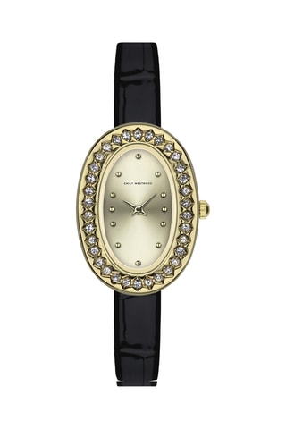 Leren en Diamanten Quartz Horloge - Zwart en Goudkleurig