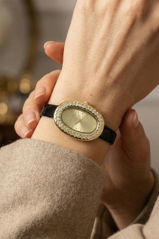 Leren en Diamanten Quartz Horloge - Zwart en Goudkleurig