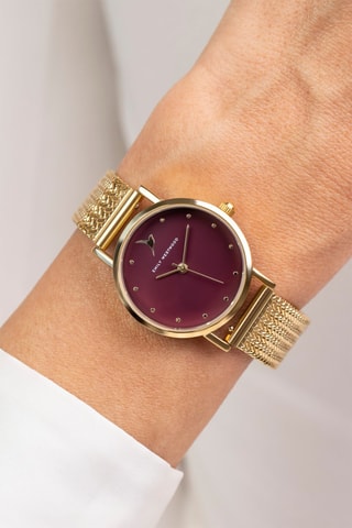 Stalen Quartz Horloge - Goudkleurig en Bordeauxrood - Emily Westwood