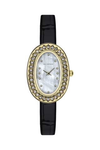 Leren en Diamanten Quartz Horloge - Zwart en Goudkleurig