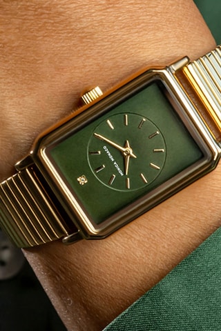 Stalen Quartz Horloge met Diamant - Goudkleurig en Groen