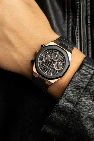 Stalen Quartz Horloge - Zwart en Roségoudkleurig - Marc Malone