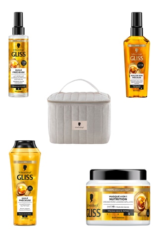 Routine Nutrition - Shampoing Huile Précieuse Gliss Schwarzkopf - Cheveux secs et rêches - 250 ml, Masque 4-en-1 Nutrition Gliss Swharzkopf - Cheveux secs et rêches - 400 ml, Lait démêlant Express Huile Précieuse Gliss Schwarzkopf - 200 ml, Elixir Huile d