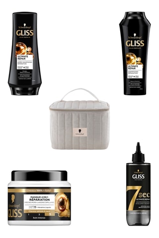 Routine Réparation - Shampoing Ultimate Repair Gliss - Cheveux secs et abimés - 250 ml, Après-shampoing réparation Gliss Ultimate repair - 200 ml, Masque 4-en-1 Réparation Gliss Schwarzkopf - Cheveux secs et abimés - 400 ml, Soin réparateur 7sec SOS Ultim