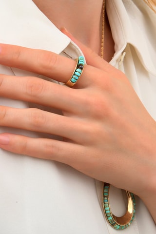 Anillo bañado en oro fino amarillo Ninon - Turquesas y granate