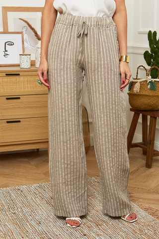 Calças wide legs em linho Toupeira e branco - 100% linho - Castanho