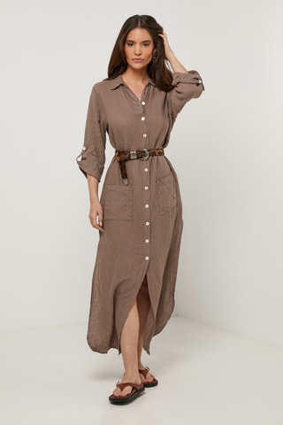 Vestido-camisa em linho - Cinzento