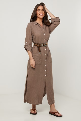 Vestido-camisa em linho - Cinzento