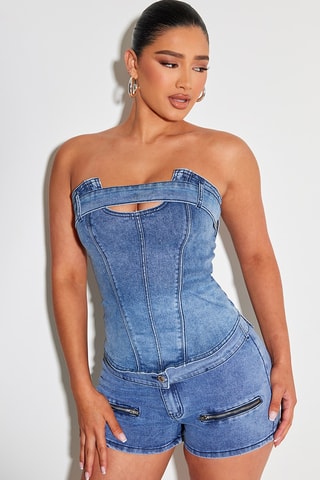 Tuta corta bustier in jeans - Blu