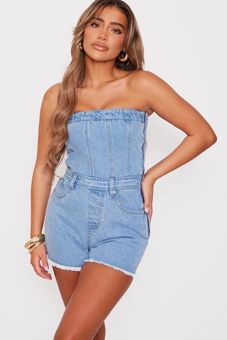 Tuta corta bustier in jeans - Azzurro