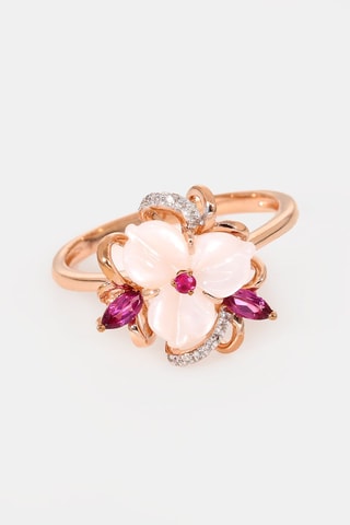 Ring Hisbiscus - Roségoud, Diamanten, Rhodonieten en Saffier