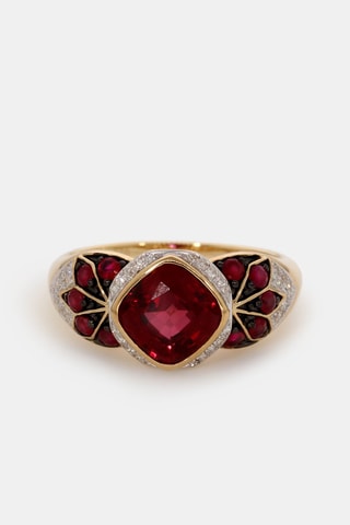 Ring Yassmine - Geelgoud, Diamanten, Robijn En Granaat