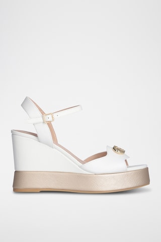 Sandalias de piel de cuña - Blanco y dorado