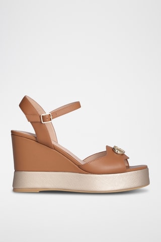 Sandalias de piel de cuña - Beige y plateado