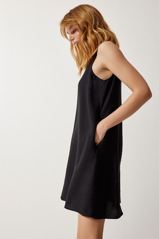 Vestido trapecio de lino sin mangas - Negro