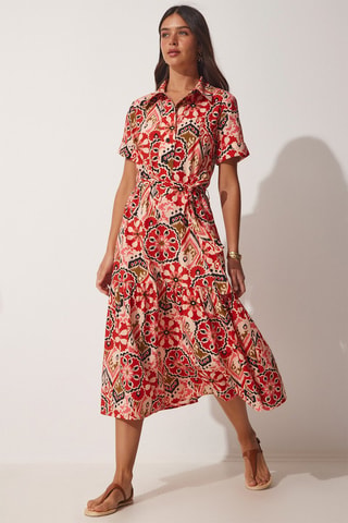 Vestido evasé - Beige y rojo