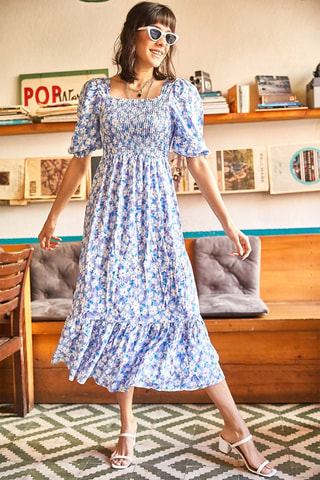 Vestido evasé - Azul petróleo y blanco