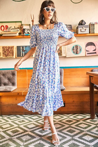 Vestido evasé - Azul petróleo y blanco