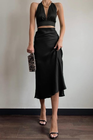 Falda midi de talle alto - Negro