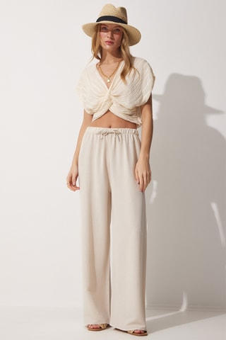 Pantalón palazzo de lino de tiro alto - Nude