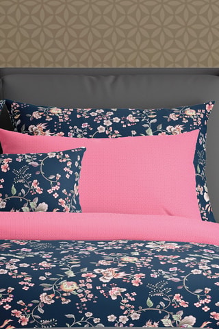 2 taies d'oreiller en satin de coton 80 fils/cm² Murmure florale - Bleu foncé et rose