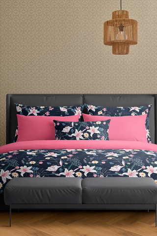 2 taies d'oreiller en satin de coton 80 fils/cm² Jardin rêveur - Bleu foncé et rose