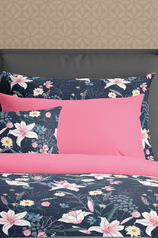 2 taies d'oreiller en satin de coton 80 fils/cm² Jardin rêveur - Bleu foncé et rose